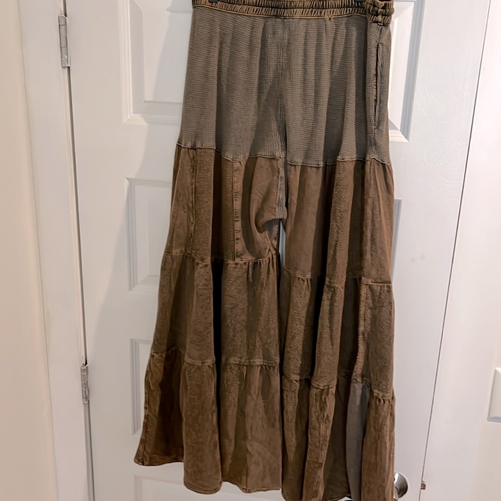 Gorgeous Cotton & Waffle Knit Patched Brown Wide Pants with Drawstring W… - Picture 9 of 10